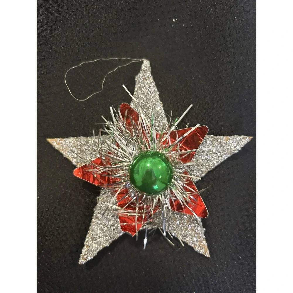 Vtg Christmas Ornaments Lot of 3 Mini Sled w Bottle Brush Trees + 2 Star Shapes
